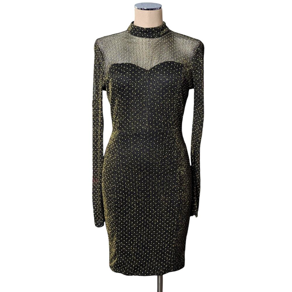 Vintage Y2K 90's  Midnight NIKIBIKI Gold Sparkle Studs Mesh Stretchy Dress S